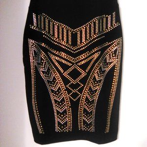 Gold-Embellished, Black, High-Waist, Stretch-blend Fabric, Midi Pencil Skirt M